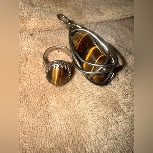 Vintage Sterling Silver Ring with Tiger's Eye Stone and charm